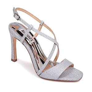 New Badgley Mischka Cook Metallic Silver Glitter Strappy Evening Shoes/Dust Bag